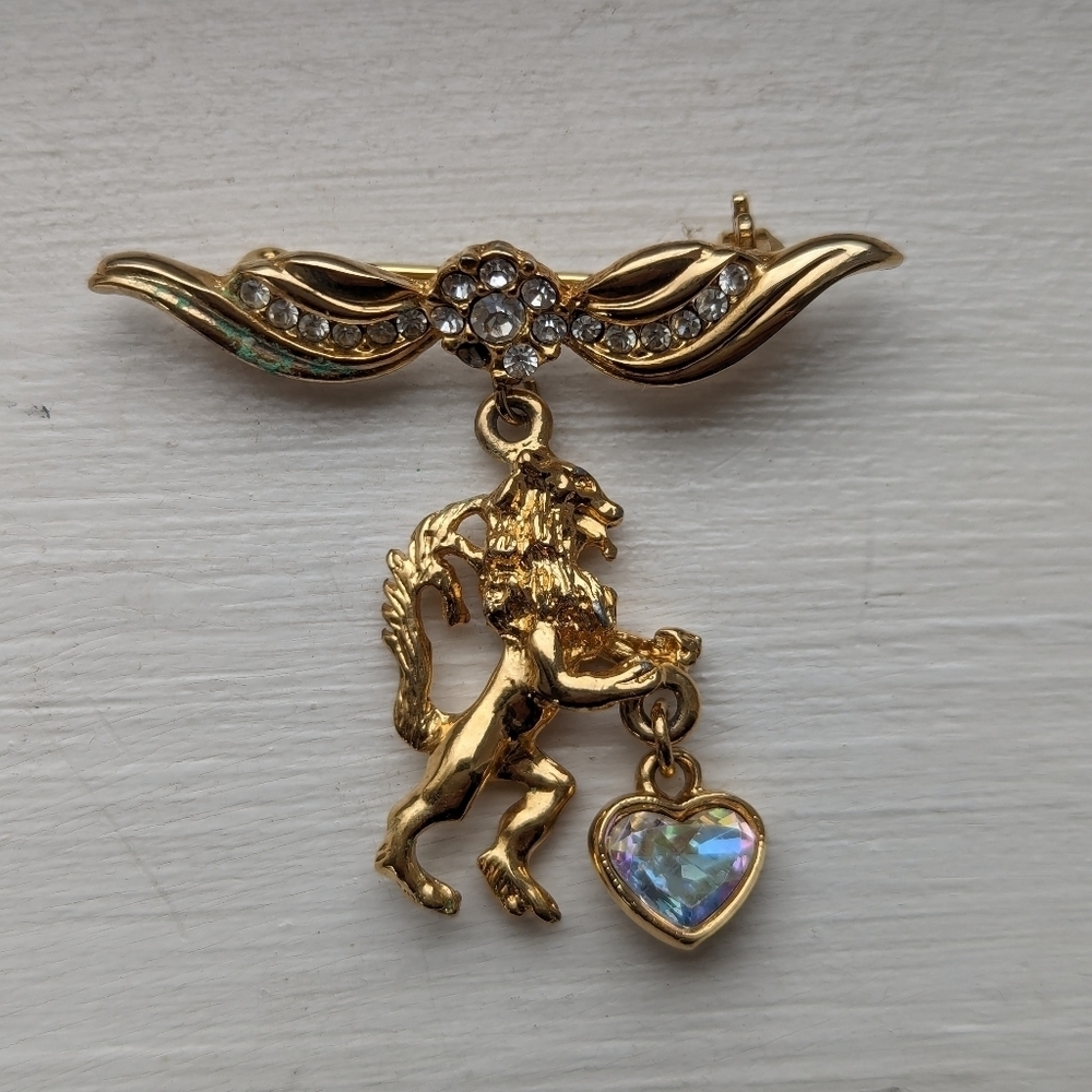 Lion Angel Gryffin pin brooch rhinestone 10k gold plated Mystical Magical Royal